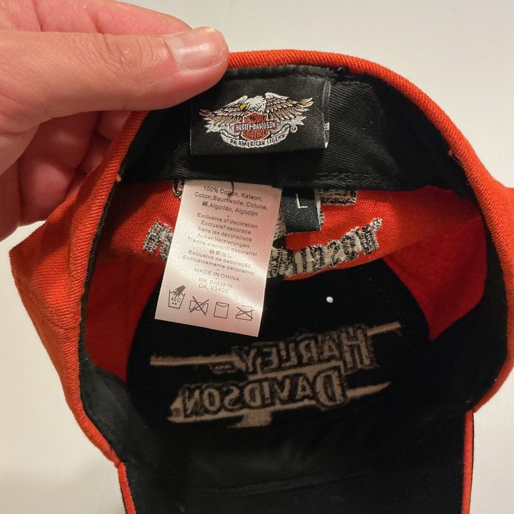 Harley Davidson Embroidered Biker Grunge Baseball Cap Hat Orange Black Mens L - Picture 7 of 7